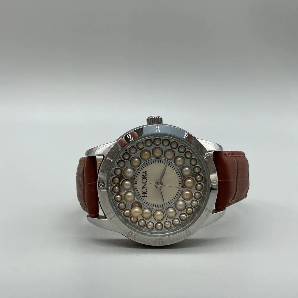 Honora Womens Watch 40mm Champagne Pearl Dial Brown Leather Issue w/ Crown